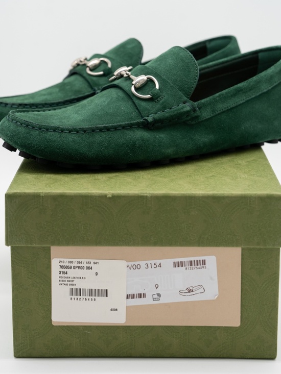 size 9G 9.5 US Gucci Driver Horsebit Suede Green Loafers main image 6
